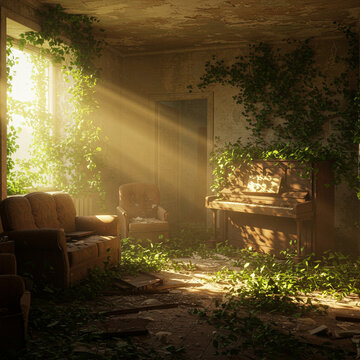Sunbeams Illuminate Abandoned Piano in Overgrown Room: A Post-Apocalyptic Scene isolated on white  background