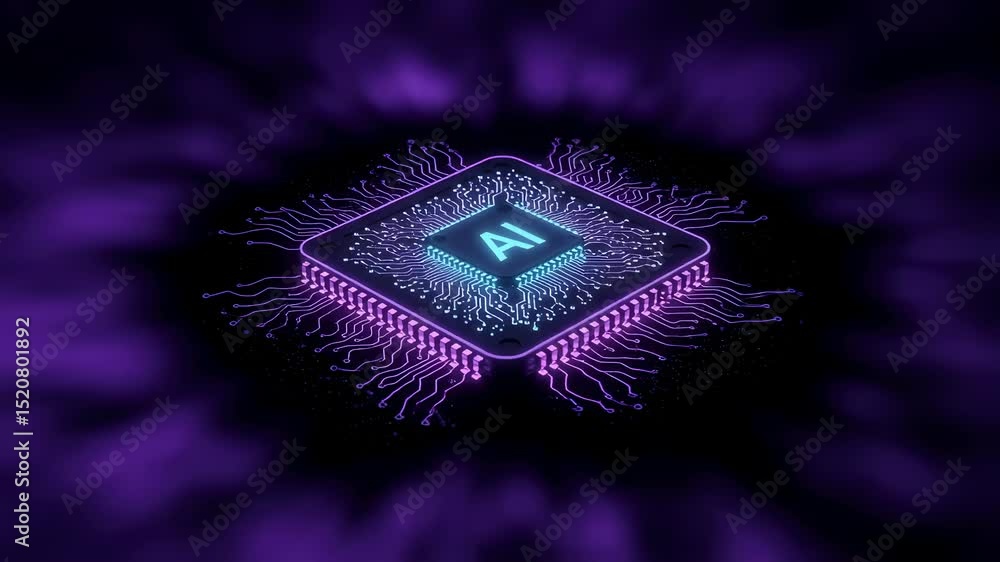Poster computer chip with glowing ai letters and circuit board lines. artificial intelligence processor for