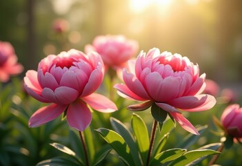 Obraz premium close blooming pink peonies sunlight floral nature freshness bright colors garden bouquet, spring, botanical, petal, stamen, nectar, pollen, leaf, vibrancy