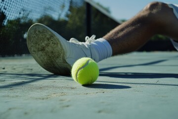 Tennis player sliding to return a shot on a sunlit court during an intense match, Legs of a tennis man sliding on the ground