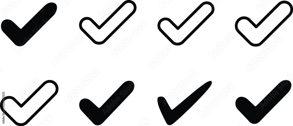 Poster a collection of eight check mark icons in both filled and outlined styles on a white background plan