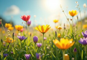Obraz premium vibrant wildflowers dew covered meadows spring bloom colorful flora nature scene landscape, vegetation, petal, park, garden, field, greenery, sunshine, fresh