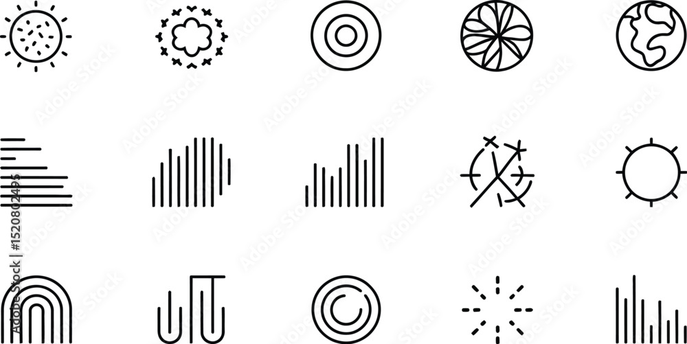 Poster collection of fifteen different line art icons including weather elements and abstract shapes displa