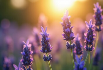 Fototapeta premium close lavender flowers glowing sunlight floral blossom nature beauty aromatic garden serenity, bloom, purple, petal, botanical, herb, field, texture
