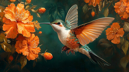 Detailed hummingbird amidst vibrant orange flowers.