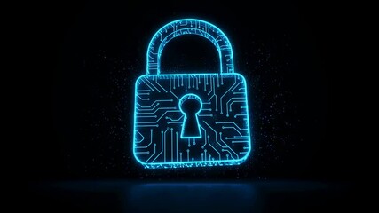 Blue digital padlock icon with circuit board pattern. Cybersecurity and data protection global network security concept for technology footage. - Powered by Adobe