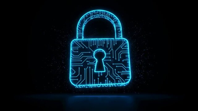 Blue digital padlock icon with circuit board pattern. Cybersecurity and data protection global network security concept for technology footage. - Powered by Adobe