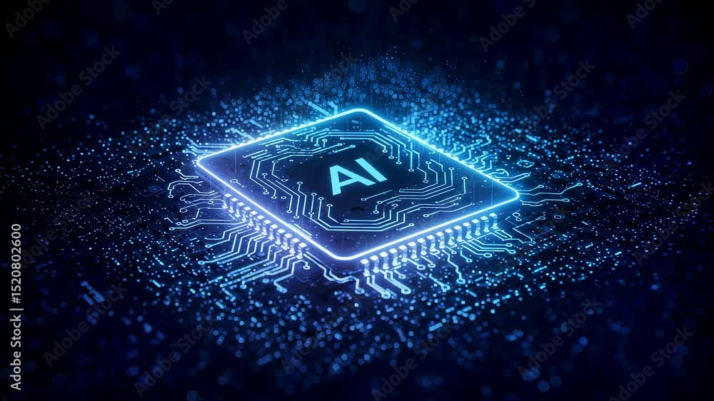 Poster glowing ai processor on circuit board. digital chip for artificial intelligence and machine learning