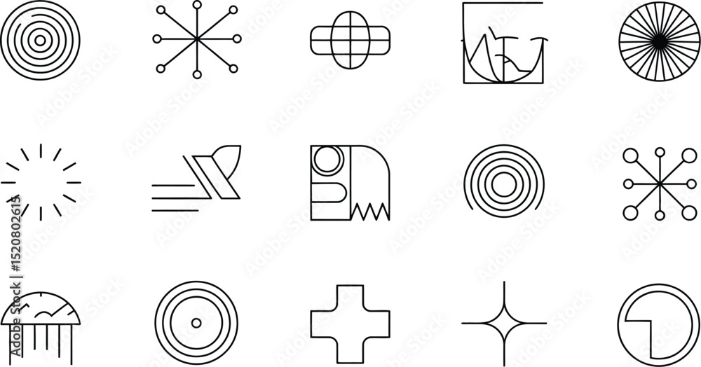 Poster collection of minimalist line art icons and symbols arranged on a white background in a grid pattern