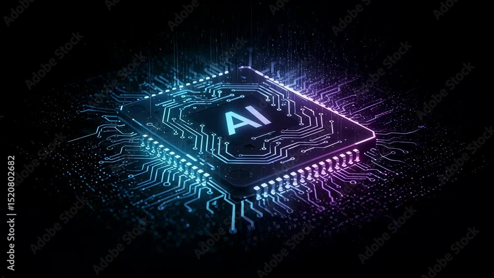 Poster Artificial intelligence chip with glowing circuits. Modern AI processor displaying data flow on microchip. Digital technology footage.