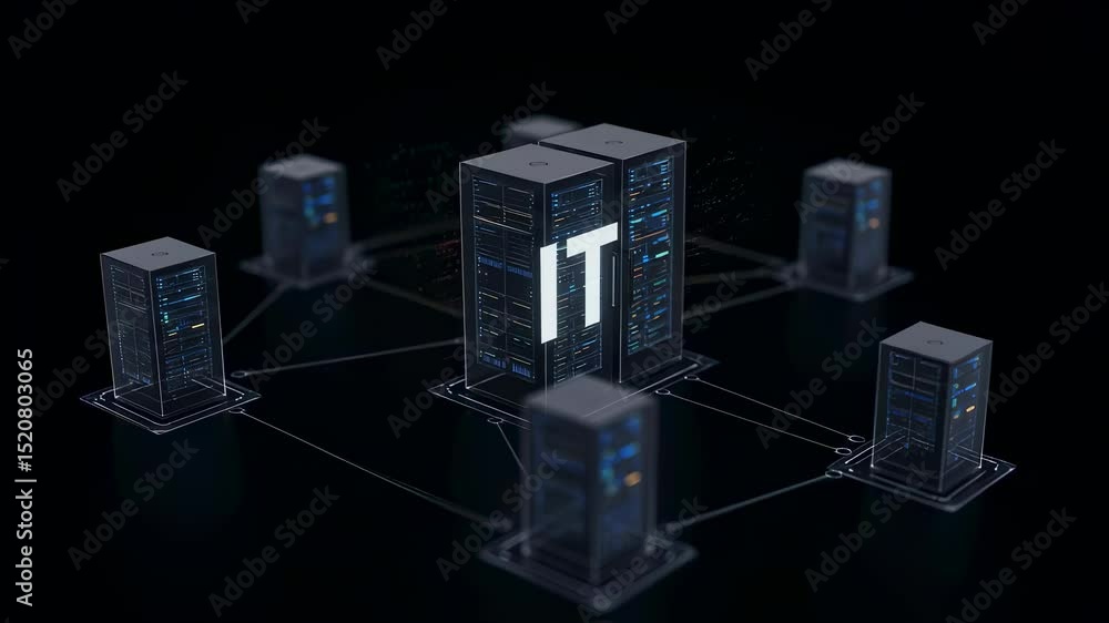 Poster Network of data servers with IT text. Information technology infrastructure and digital data storage visualization for cloud computing.
