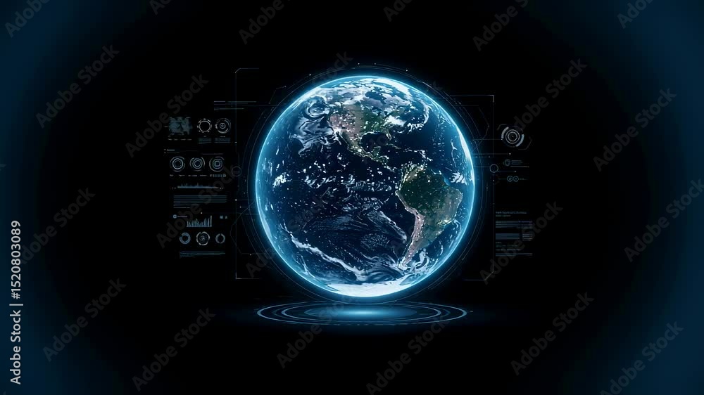 Poster digital earth spinning with hud interface. global network, data analysis, and communication technolo