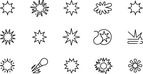 A collection of fifteen different starburst and explosion outline icons arranged on a white background