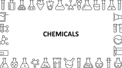 Illustration of various laboratory glassware and molecular structures framing the word chemicals