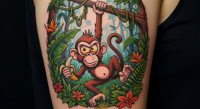 Cartoon monkey tattoo holding a banana by a palm tree.