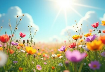 Obraz premium vibrant wildflowers sunny meadow bloom colorful nature scenic beauty flora landscape, petal, scene, spring, park, grass, field, vibrancy, blossom, pollen