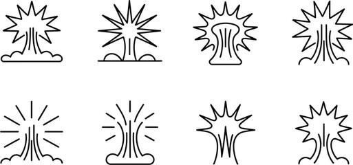 Collection of eight different mushroom cloud explosion icons in a line art style on a light gray background