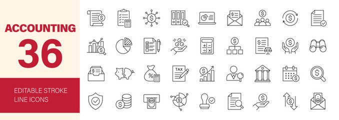 Accounting icon set. Containing financial statement, taxes, accountant, financial audit, invoice, income, business, report and more. Editable line icons. Vector illustration.