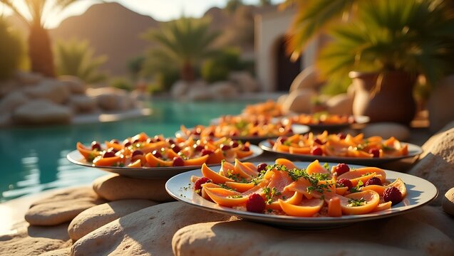 Delicious fruit salad catering poolside for summer party event food