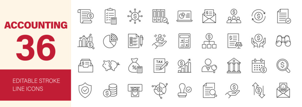 Accounting icon set. Containing financial statement, taxes, accountant, financial audit, invoice, income, business, report and more. Editable line icons. Vector illustration.