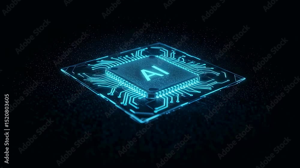 Poster closeup of an artificial intelligence (ai) chip with glowing blue circuits on dark background repres