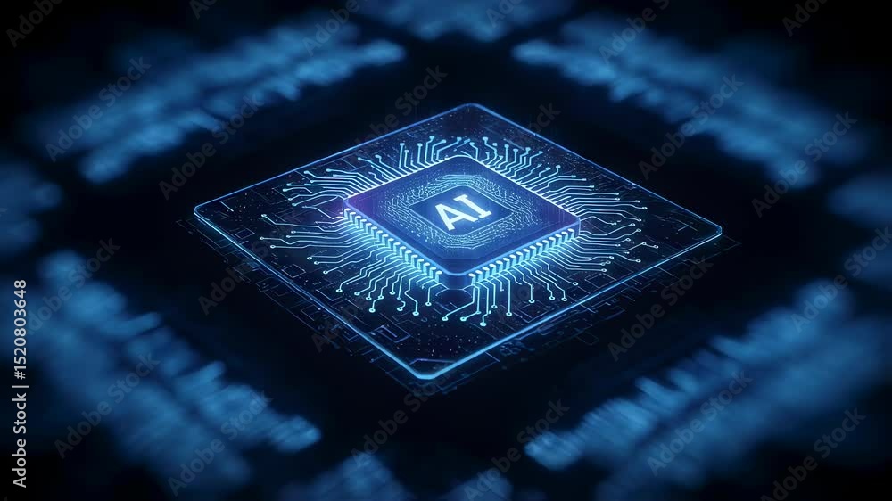 Poster macro view of an ai processor illuminating data. cpu circuit board with artificial intelligence sign
