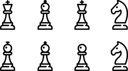 A set of simple line art icons depicting chess pieces including king queen bishop knight and pawn on white