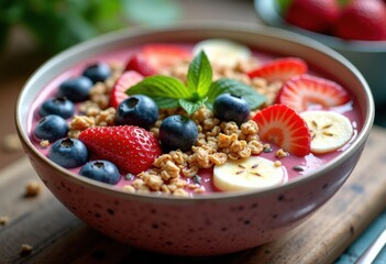 vibrant smoothie bowl fresh fruits toppings colorful healthy breakfast nutrition refreshing breakfast aesthetic, berry, banana, kiwi, strawberry, blueberry