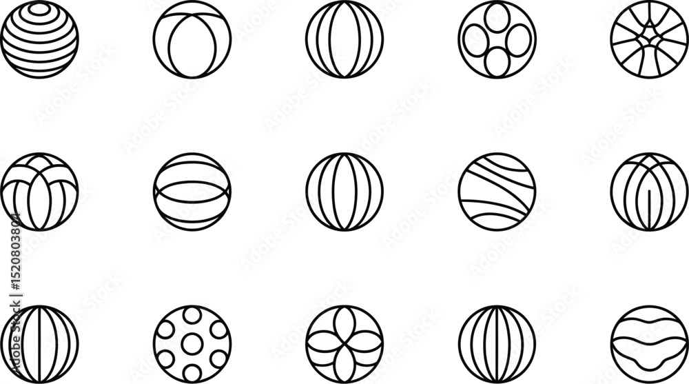 Poster collection of fifteen different round outlined shapes or balls with various patterns on a white back