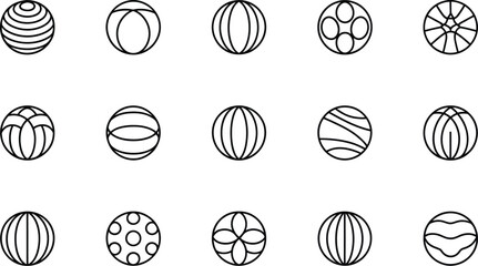 Collection of fifteen different round outlined shapes or balls with various patterns on a white background