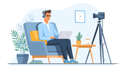 Modern Home Office Workspace for Remote Work and Video Conferencing with Laptop and Green Plants