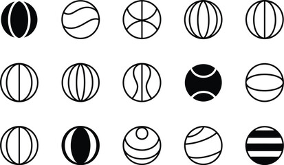 A collection of fifteen black and white ball icons with different line designs in a grid pattern