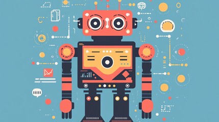 Obraz premium Retro Robot Assistant Displaying Analytics and Futuristic Tech Insights