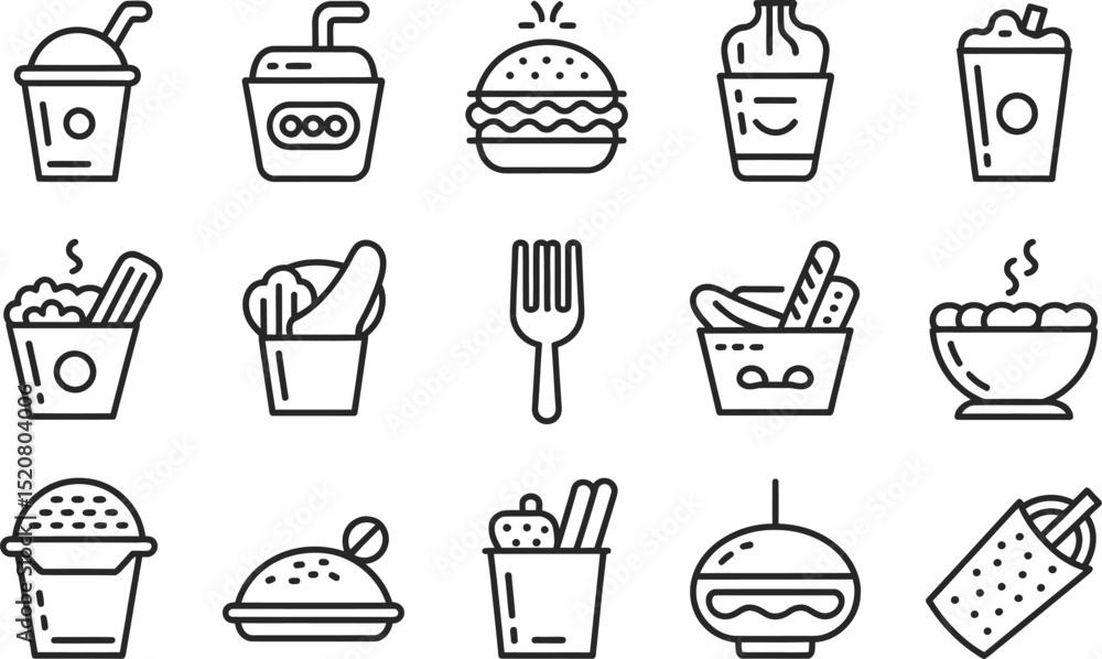 Poster a set of simple line drawings depicting various fast food items and a fork in a minimalist style