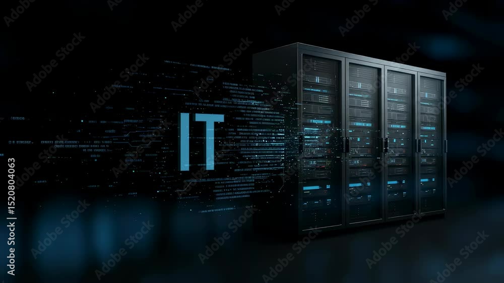 Poster three data server racks with it text and data flow. information technology concept, data storage and