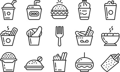 A set of simple line drawings depicting various fast food items and a fork in a minimalist style