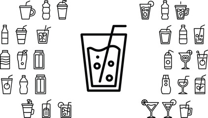A collection of black and white line art icons featuring various types of drinks and beverage containers