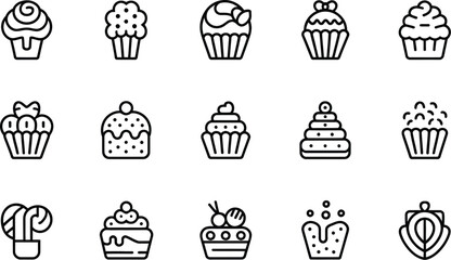 A collection of fifteen different cupcake icons in a line art style on a white background display