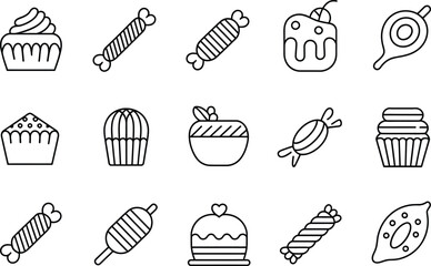 A collection of outlined sweets and desserts including cupcakes candies and cakes in a vector format