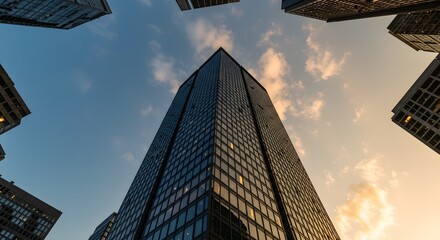 Modern Architecture A Stunning Low-Angle View of Glass and Steel Skyscraper at Sunset