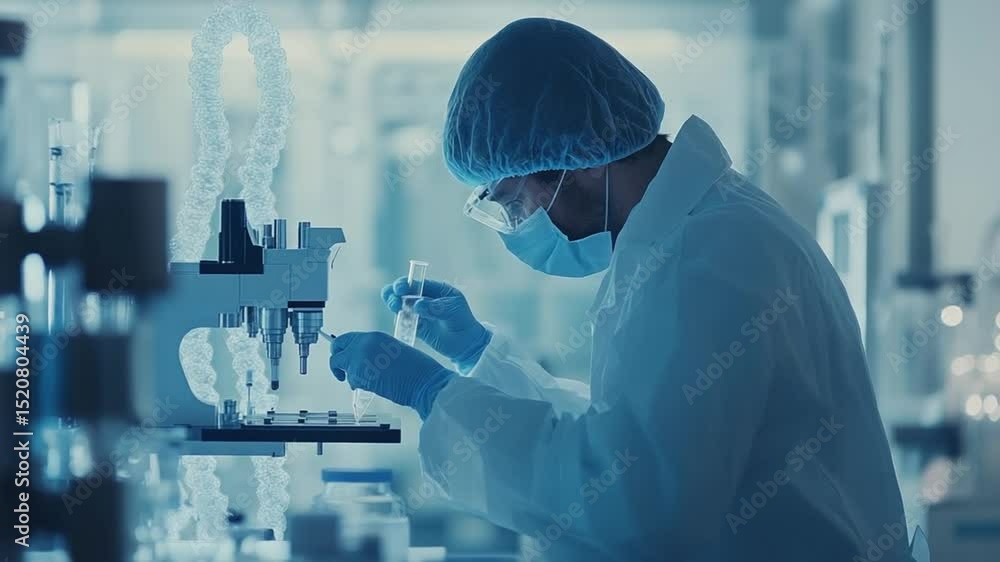 Aufkleber scientist researching and analyzing sample with microscope in high tech laboratory
