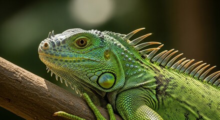 Obraz premium Emerald iguana perched majestically on branch