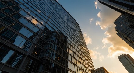 Modern Architecture A Stunning Low-Angle View of Glass and Steel Skyscraper at Sunset