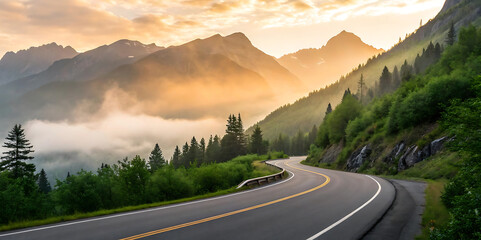 Scenic Mountain Road at Sunrise A Journey Through Majestic Peaks and Misty Valleys