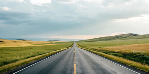 Fototapeta premium Endless Road Through Serene Prairie Landscape A Journey of Open Space and Tranquility