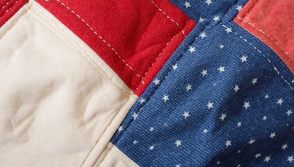 Close-up of patriotic fabric texture with stars and stitching detail