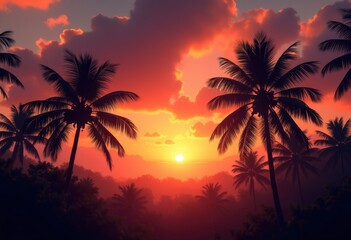 elegant palm forest silhouette vibrant sunset sky dramatic color gradient, tree, branch, leaf, dusk, horizon, landscape, cloud, rays, serenity, scenery