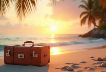 vintage suitcase sandy beach horizon relaxing summer travel scene romantic escape vacation, ocean, shore, sunset, coast, relaxation, landscape, trip