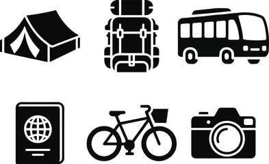 Travel and Adventure Icon Set – Tent, Backpack, Bus, Bicycle, Passport, and Camera Vector. © MUHAMMAD MUJIBUR