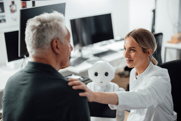 Doctor consulting with a patient in a modern office with a robotic assistant